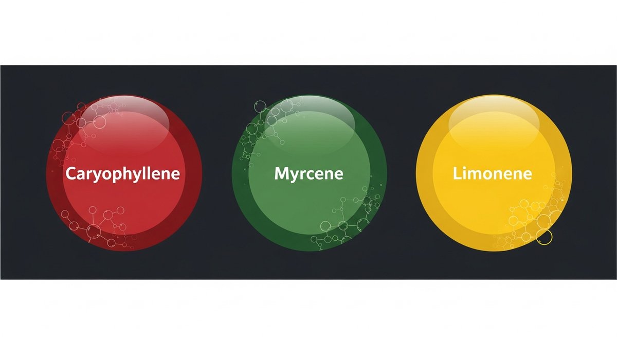 Cali Gas Strain 2 Terpene profile graphic for Cali Gas showing Caryophyllene in red, Myrcene in green, and Limonene in yellow