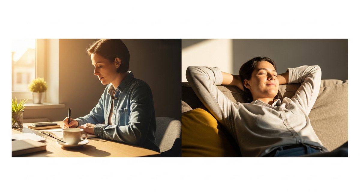 Candyland vs Golden Goat — Which Is Right for You? 6 Split editorial lifestyle scene comparing focused daytime productivity with relaxed evening calm
