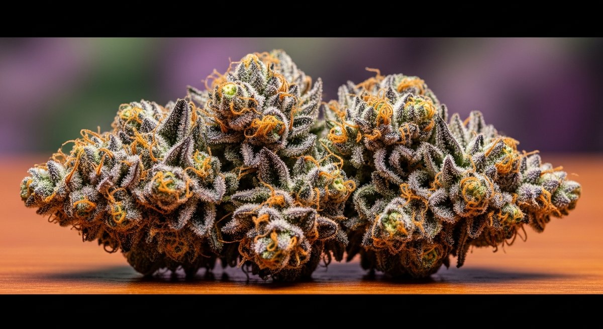 Candyland vs Golden Goat — Which Is Right for You? 4 Macro close-up of a frosty Candyland cannabis bud with purple and green coloration on wooden surface