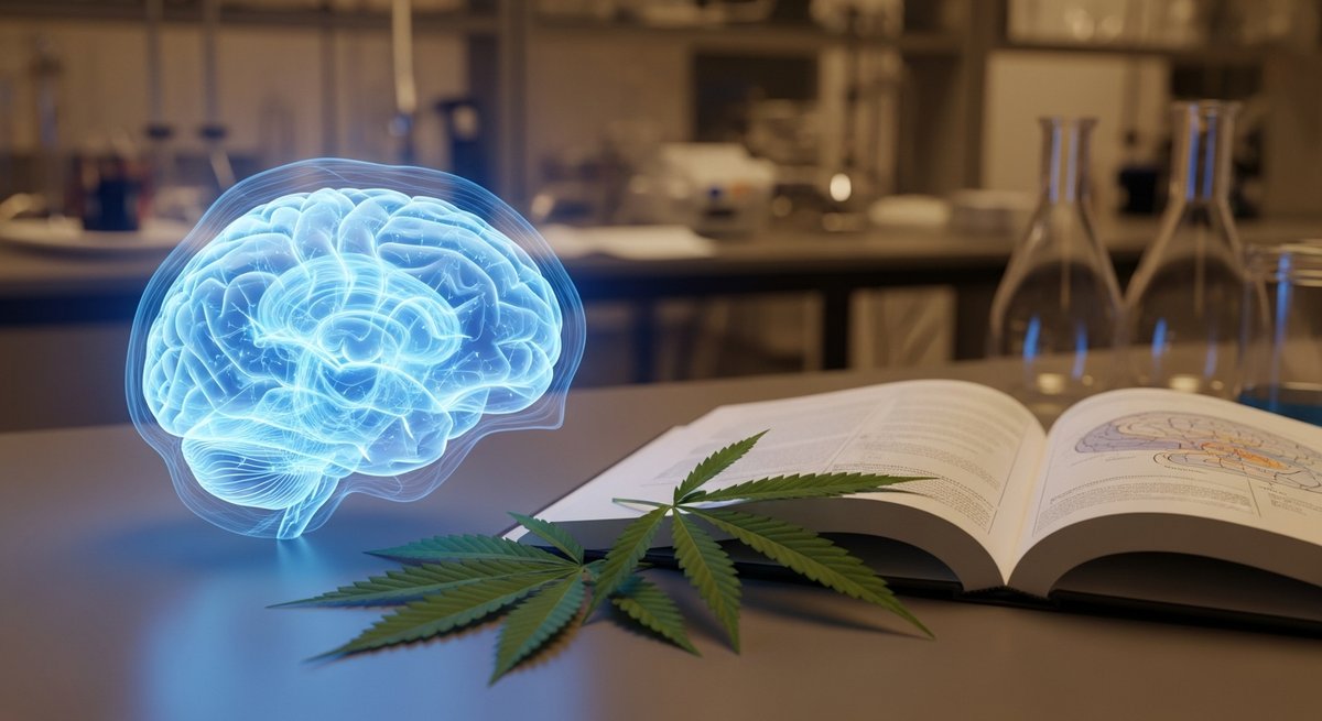 How to Vape for Brainstorming Without Losing the Thread 7 Translucent brain model beside cannabis leaves and an open neuroscience book illustrating cannabis and cognitive function