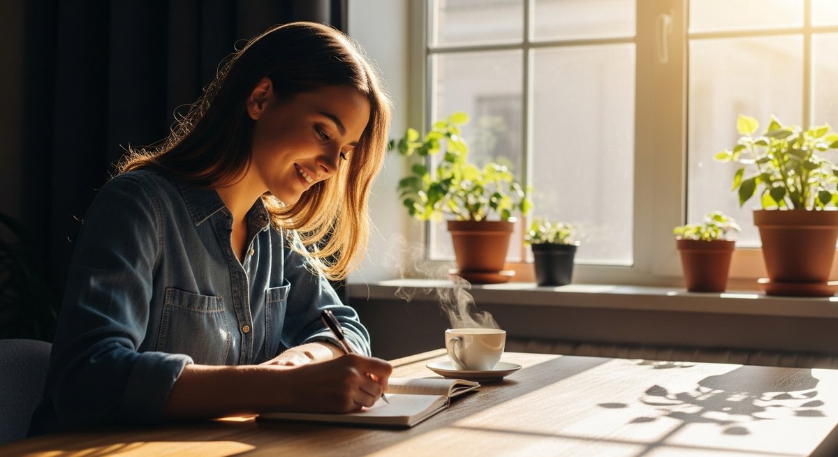 Sour Diesel strain vs Blue Dream strain — Which Is Right for You? 5 Young adult woman alert and focused at a sunlit desk, evoking the energising daytime effects of Sour Diesel