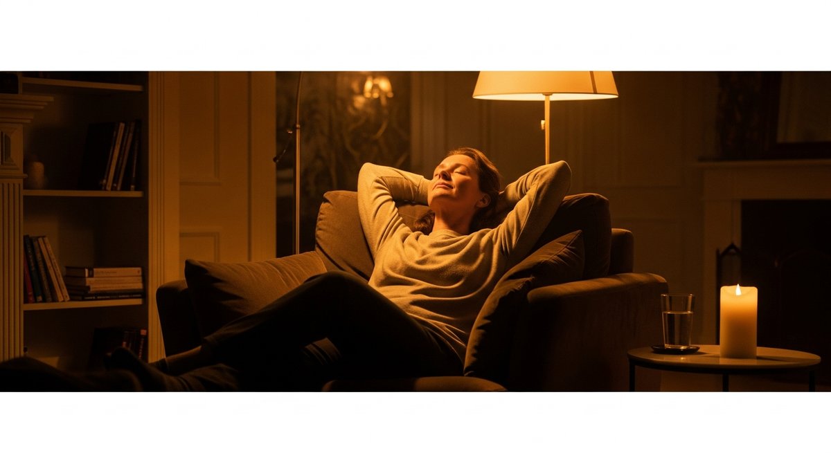 Purple Punch strain vs Lavender strain — Which Is Right for You? 6 Relaxed adult sinking into an armchair in warm amber lamplight, conveying deep calm and physical relaxation