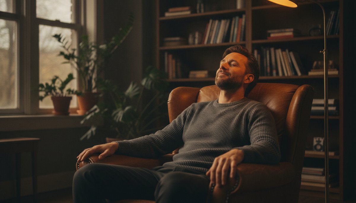 Chemdawg vs AK-47 — Which Is Right for You? 6 Relaxed adult man in a cozy amber-lit living room with eyes closed, conveying calm euphoria and mental ease