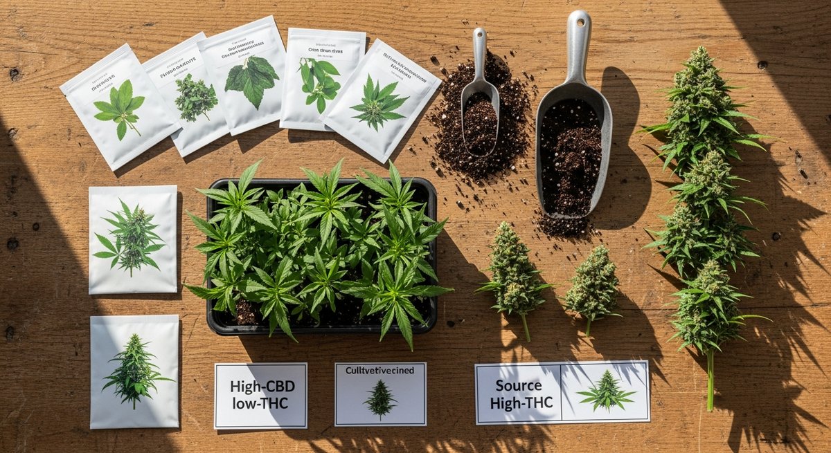 Full Spectrum strain vs Broad Spectrum strain — Which Is Right for You? 6 Overhead view of cannabis seed packets, seedling tray, mature buds, and cultivar tags on a wooden workbench