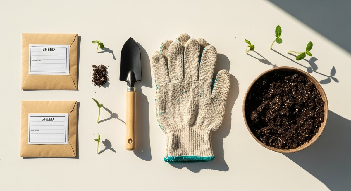 Gorilla Glue strain vs Chemdawg strain — Which Is Right for You? 6 Overhead flat-lay of cannabis seeds, seedling sprouts, gardening gloves, and grow pot for home cultivation