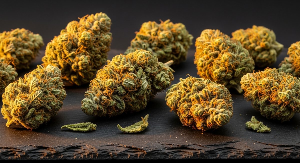 Remedy vs cannatonic — Which Is Right for You? 4 Close-up of Cannatonic cannabis buds with golden-amber pistils and moderate trichomes on dark slate surface