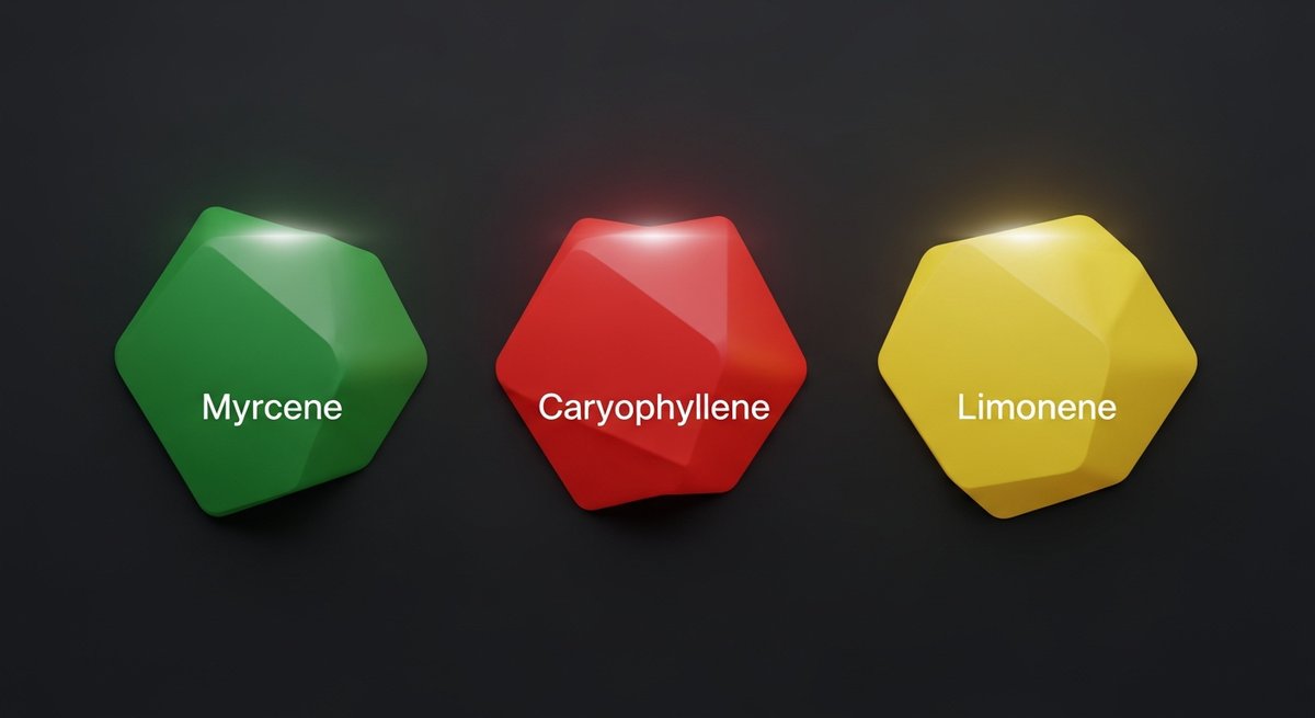 Carbon Fiber Strain 2 Terpene profile graphic for Carbon Fiber strain showing Myrcene in green, Caryophyllene in red, and Limonene in yellow