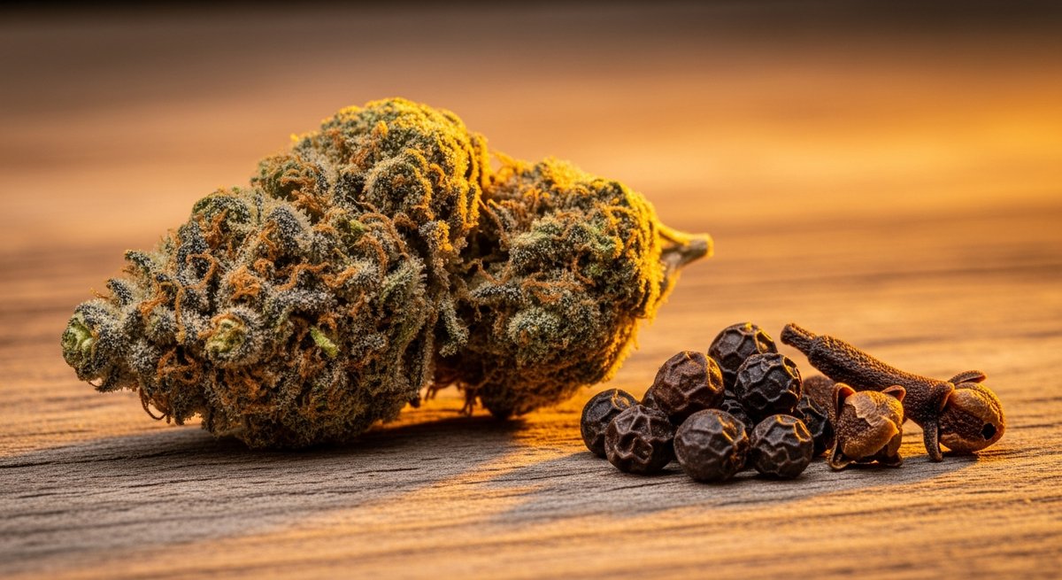 Caryophyllene strain vs Linalool strain — Which Is Right for You? 4 Resinous caryophyllene cannabis bud beside black peppercorns and clove on a wooden surface