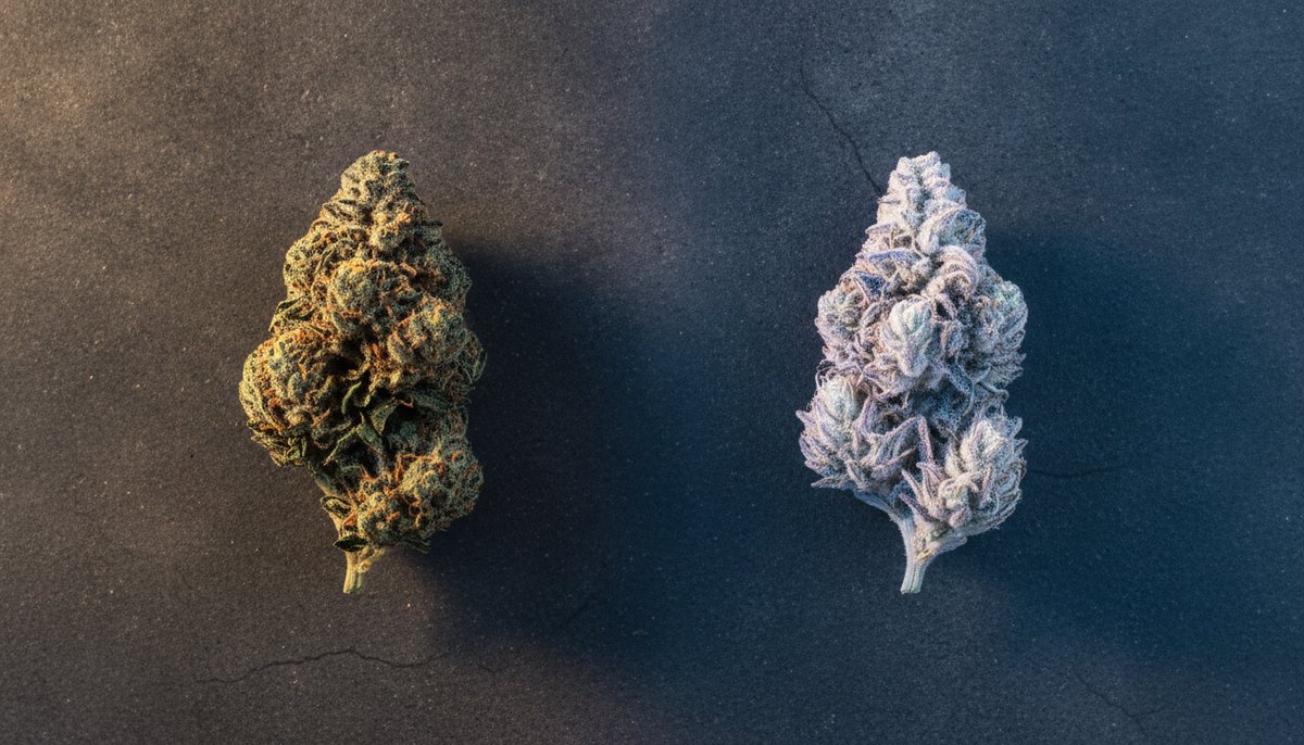 Caryophyllene strain vs Linalool strain — Which Is Right for You? 6 Two cannabis buds on dark concrete contrasting earthy caryophyllene and soft linalool terpene effects