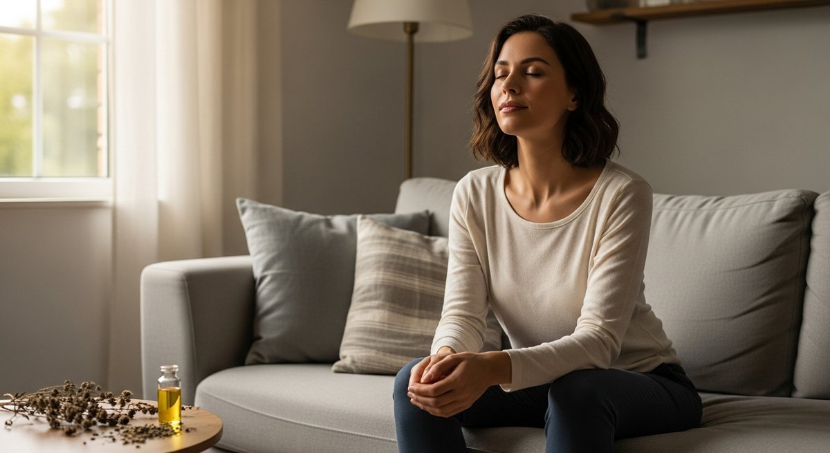 CBD Oil strain vs CBD Gummies strain — Which Is Right for You? 6 Relaxed adult woman in sunlit living room beside CBD oil vial, evoking calm and anxiety relief in a wellness context