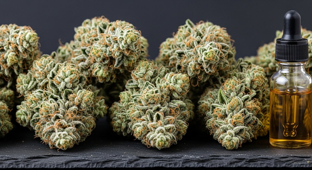 CBD Oil strain vs CBD Gummies strain — Which Is Right for You? 4 Dense pale-green high-CBD cannabis buds with trichomes next to amber CBD oil dropper bottles on dark slate