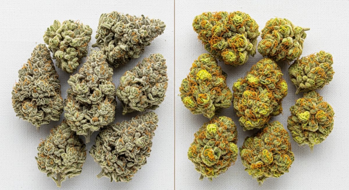 CBD Oil strain vs CBD Gummies strain — Which Is Right for You? 5 Flat-lay comparison of two cannabis cultivar specimens showing contrasting bud colors and terpene-rich textures