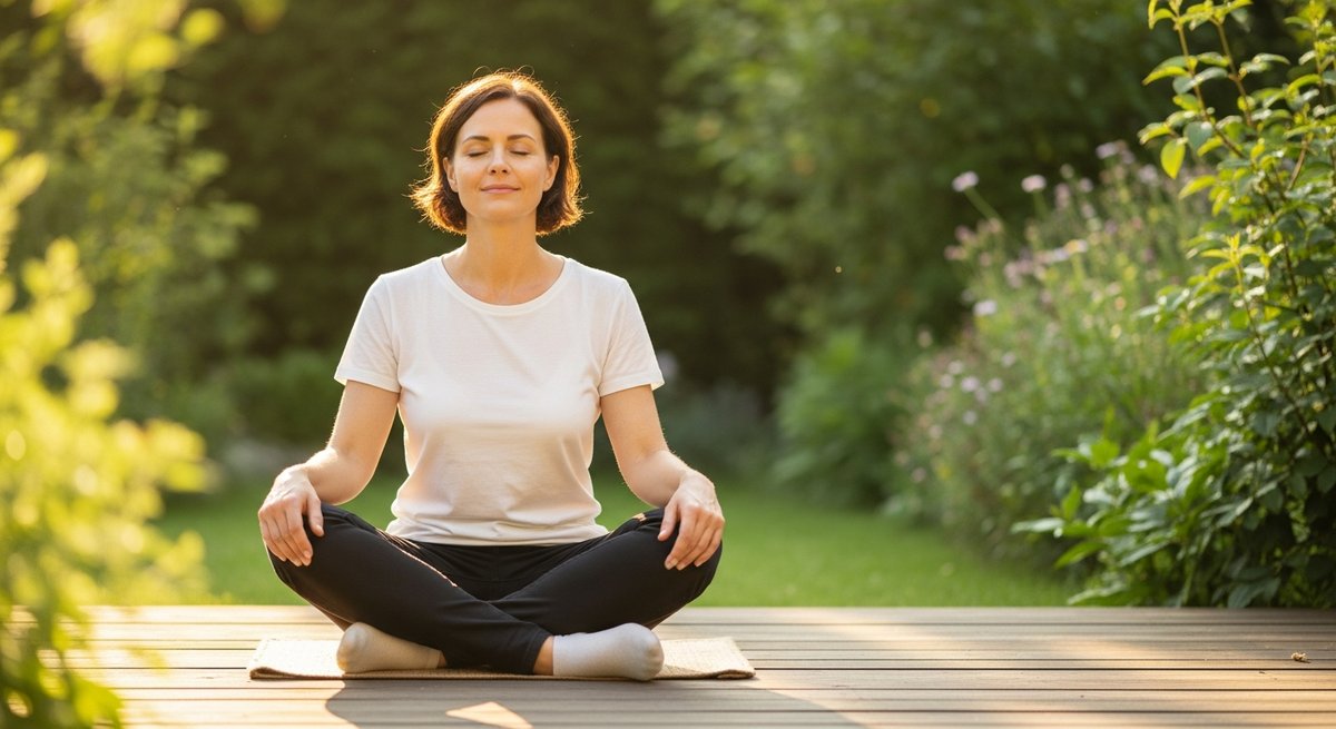 ACDC vs Harlequin — Which Is Right for You? 5 Calm adult woman relaxing on a sunlit garden deck conveying gentle focus and physical ease from CBD strains