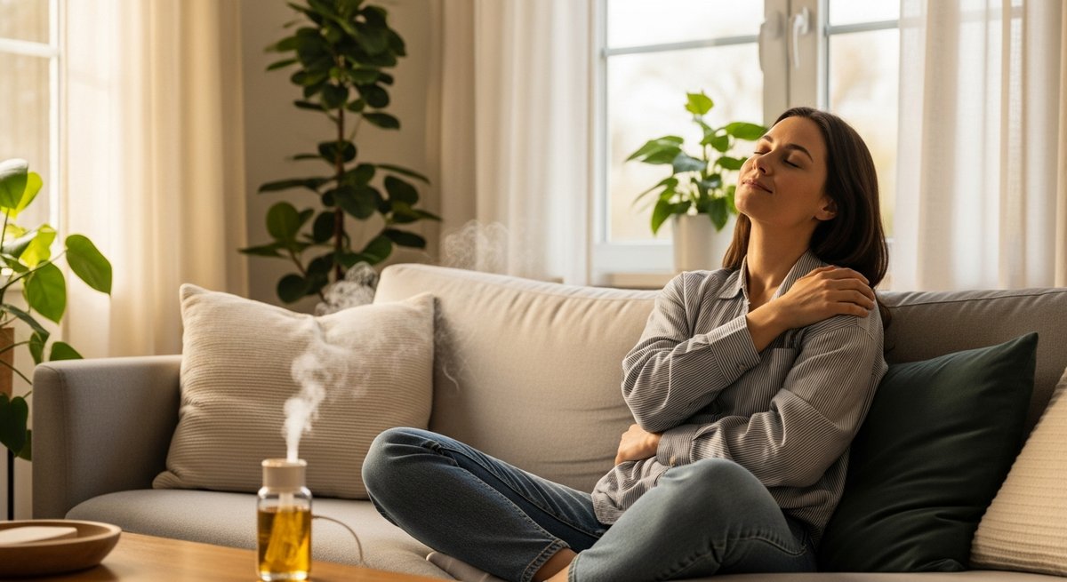 Remedy vs cannatonic — Which Is Right for You? 5 Relaxed adult woman sitting on sunlit sofa with eyes closed and a vaporizer on the coffee table beside her