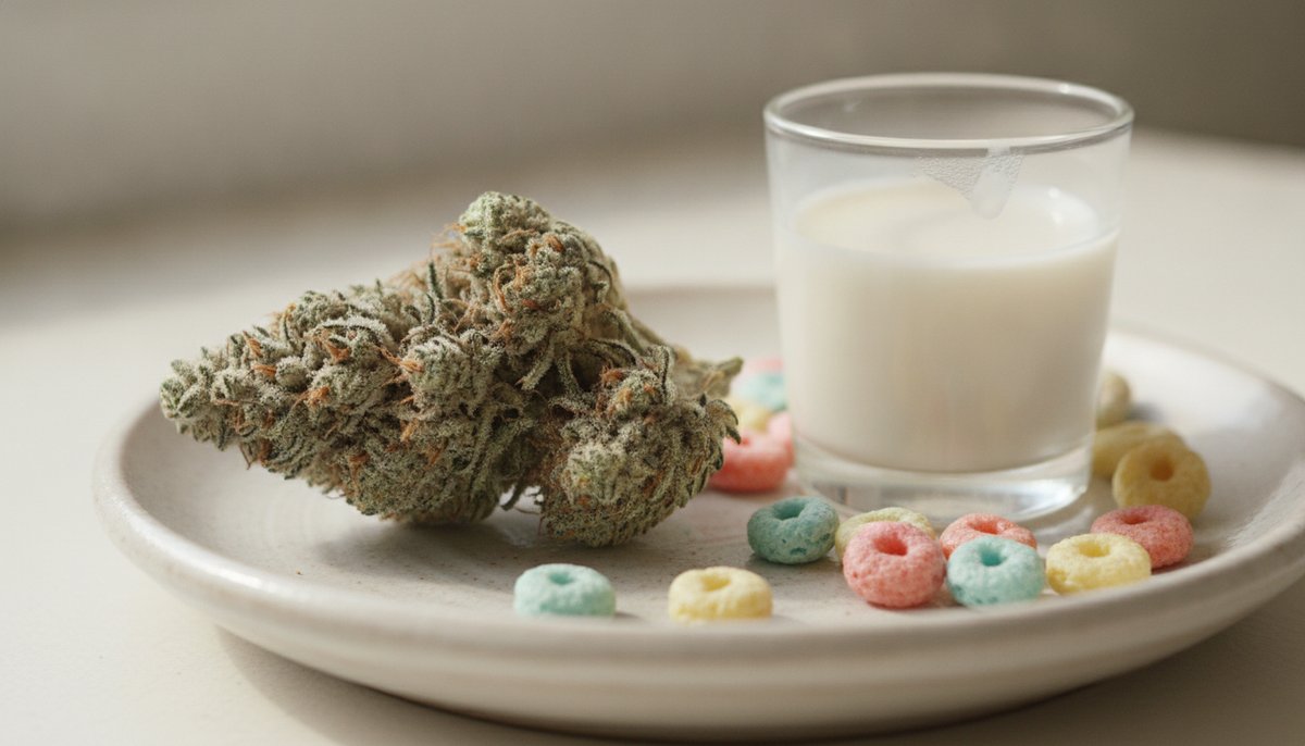 Cereal Milk vs Sundae Driver — Which Is Right for You? 4 Frosted Cereal Milk cannabis bud on ceramic dish with milk and cereal, highlighting its sweet creamy character