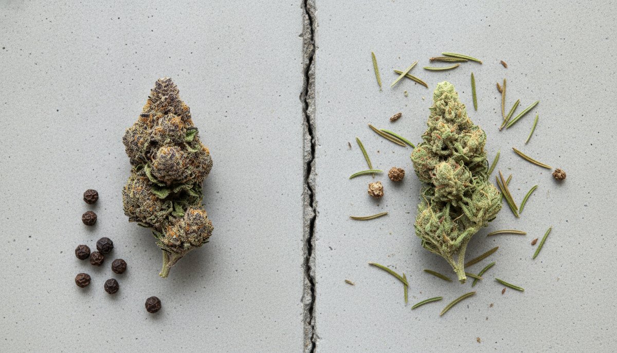 Chemdawg vs AK-47 — Which Is Right for You? 5 Flat-lay comparison of Chemdawg and AK-47 buds alongside terpene botanicals on a light concrete surface