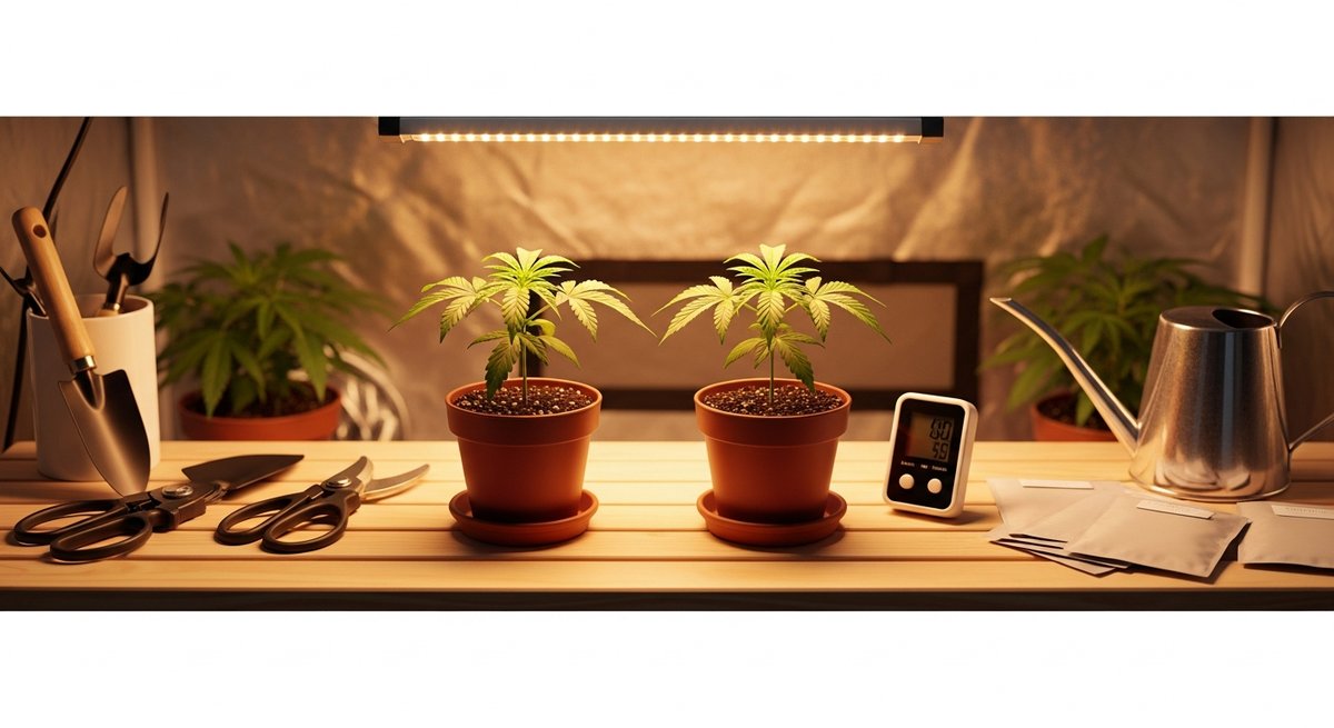Chemdawg strain vs Sour Diesel strain — Which Is Right for You? 6 Two young cannabis seedlings side by side under grow lights on a home cultivation bench with gardening tools nearby