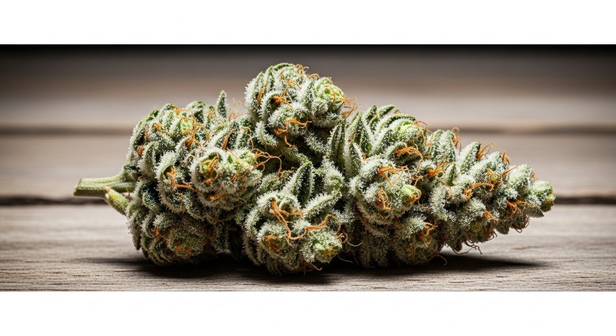 Chemdawg strain vs Sour Diesel strain — Which Is Right for You? 4 Macro close-up of a dense, frosty Chemdawg cannabis bud on weathered wood with moody natural side lighting