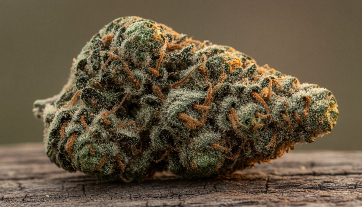 Chemdawg vs AK-47 — Which Is Right for You? 4 Close-up macro shot of a resinous Chemdawg cannabis bud on weathered wood with amber trichomes and orange pistils