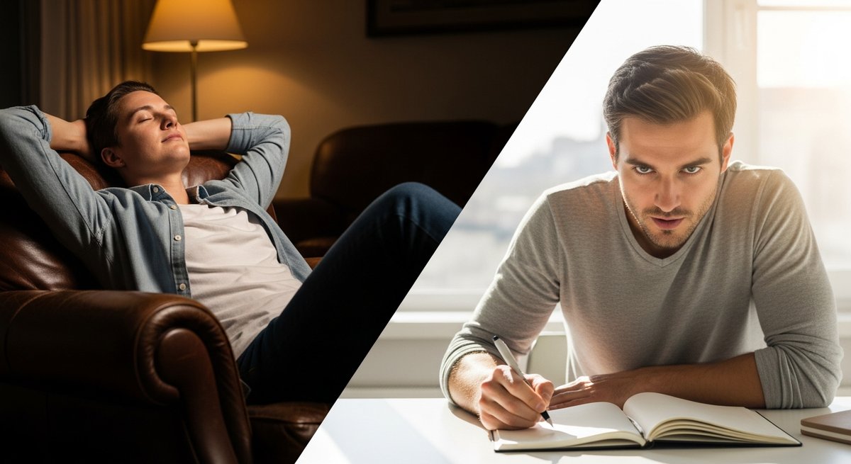 Chemdawg strain vs Sour Diesel strain — Which Is Right for You? 5 Split scene showing relaxed person in armchair versus focused person at desk, illustrating contrasting cannabis strain effect