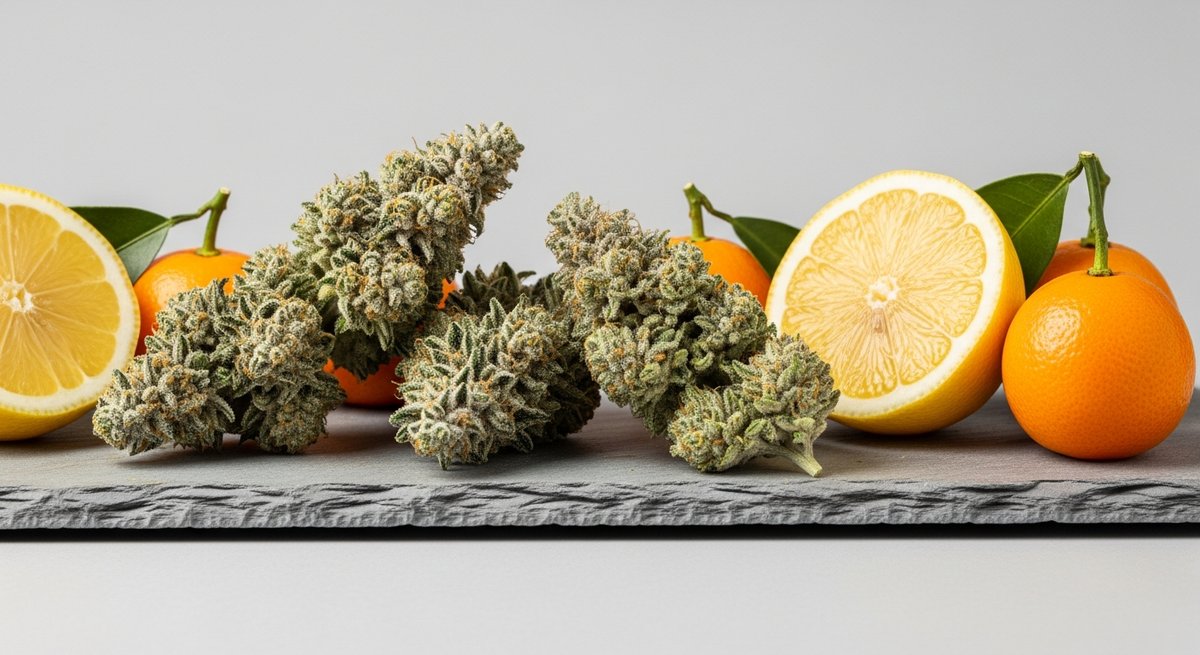 Tangie vs Clementine — Which Is Right for You? 5 Clementine cannabis buds with frosty trichomes arranged beside clementine fruits and lemon halves on grey slate