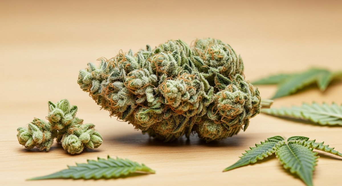 Cookies and Cream strains vs Ice Cream Cake strains — Which Is Right for You? 4 Dense Cookies and Cream cannabis bud with frosted trichomes and amber pistils resting on light wood surface