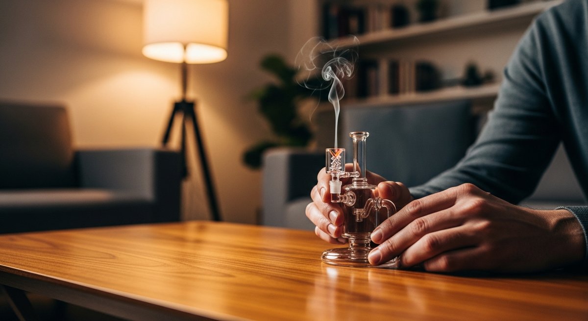 Wax strain vs Live Resin strain — Which Is Right for You? 6 Adult hands holding a glass dab rig with vapor rising in a warmly lit modern living room