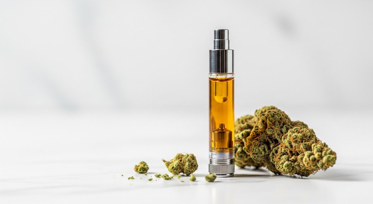 Delta 8 Carts strain vs Delta 9 Carts strain — Which Is Right for You? 4 Macro shot of a Delta-8-THC vape cartridge with amber distillate beside raw hemp buds on marble