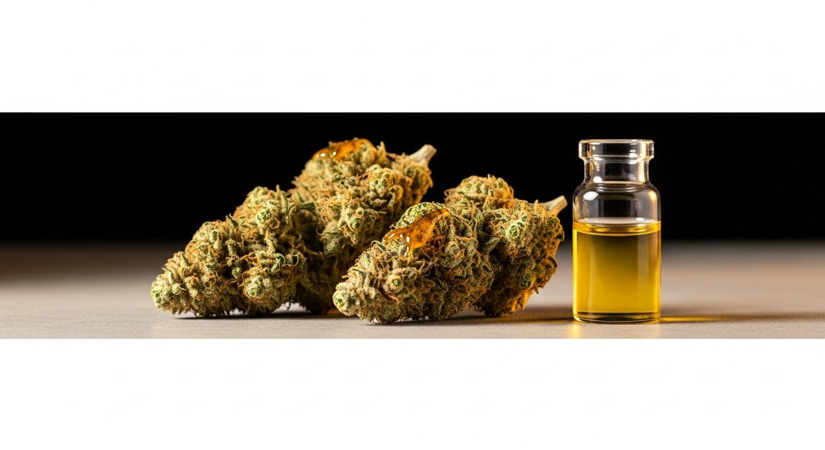 THCA Flower strain vs Delta 8 Flower strain — Which Is Right for You? 5 Hemp flower buds with golden Delta 8 distillate coating beside a glass vial of amber oil on concrete