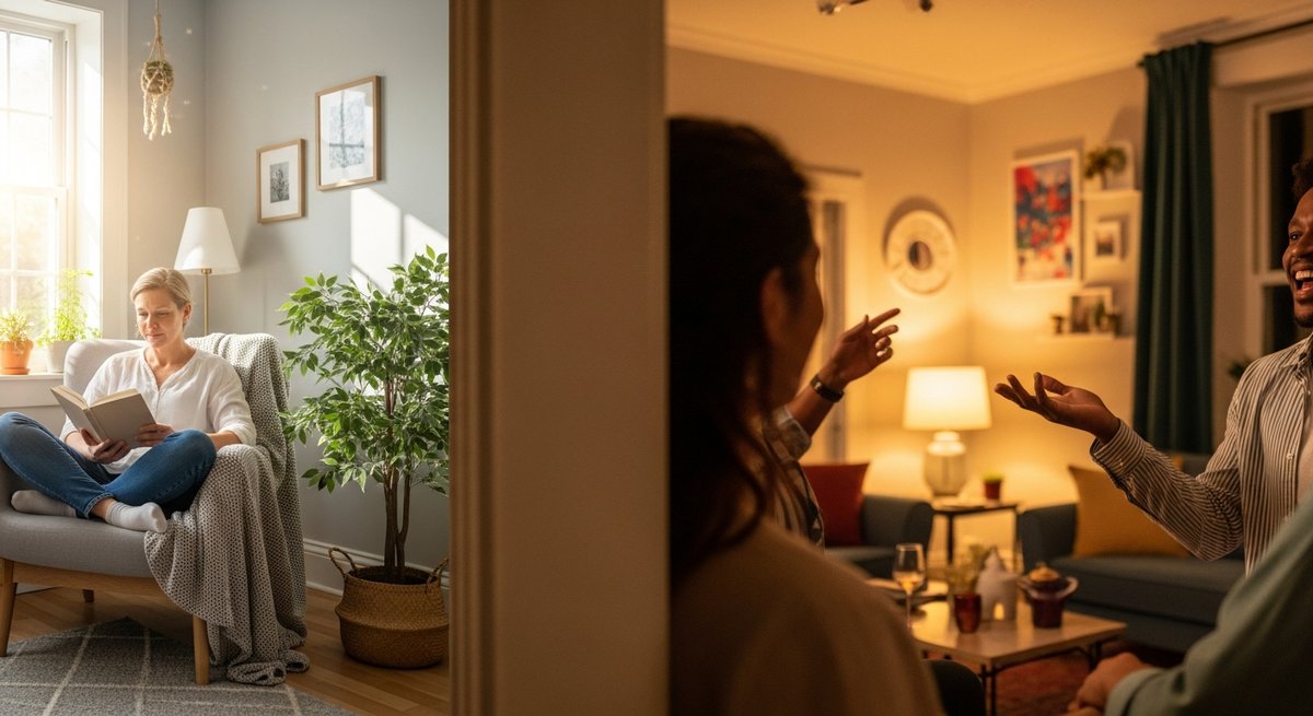 Delta 8 Carts strain vs Delta 9 Carts strain — Which Is Right for You? 6 Split lifestyle scene contrasting calm Delta 8 relaxation in a reading nook with vibrant Delta 9 social setting