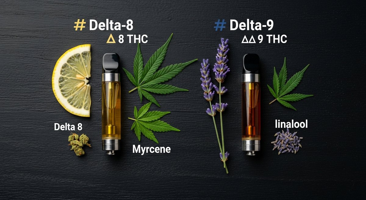 Delta 8 Carts strain vs Delta 9 Carts strain — Which Is Right for You? 5 Overhead comparison of Delta 8 and Delta 9 vape cartridges with terpene botanicals on dark wood surface