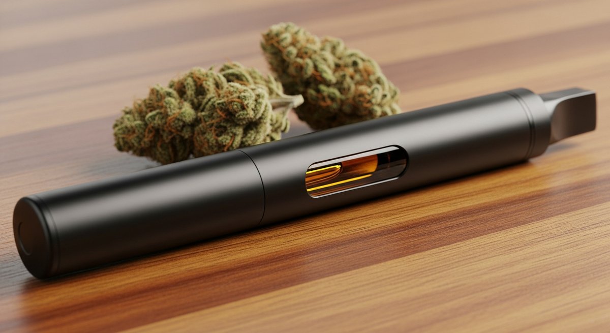 Disposable Vapes strain vs 510 Thread Carts strain — Which Is Right for You? 4 Single disposable cannabis vape pen beside dried cannabis buds on a warm wooden surface in natural light