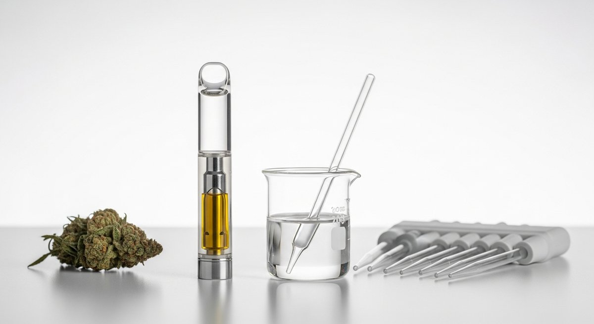 Live Resin Carts strain vs Distillate Carts strain — Which Is Right for You? 5 Clear distillate vape cartridge beside a lab beaker and pipettes on a white bench, conveying high-purity refinement