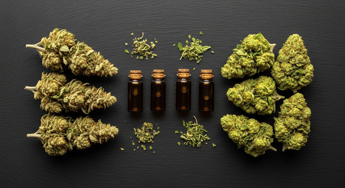 Durban Poison Strains vs Green Crack Strains — Which Is Right for You? 5 Flat-lay comparison of Durban Poison and Green Crack cannabis buds with terpene vials on dark stone