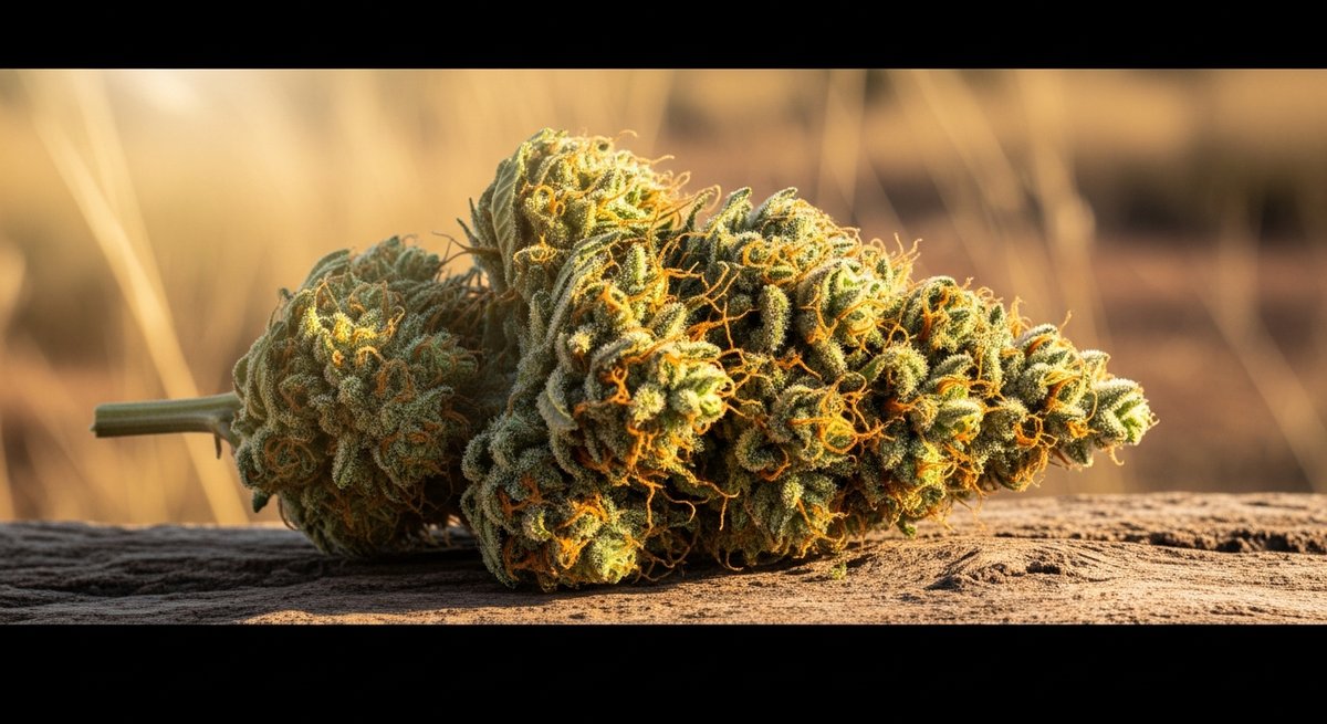 Durban Poison Strains vs Green Crack Strains — Which Is Right for You? 4 Close-up of a golden-green sativa cannabis bud on driftwood with warm earthy tones evoking South Africa