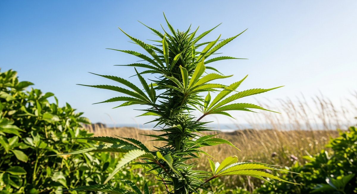 Jack Herer strain vs Durban Poison strain — Which Is Right for You? 4 Tall landrace sativa Durban Poison cannabis plant growing outdoors in bright South African sunlight