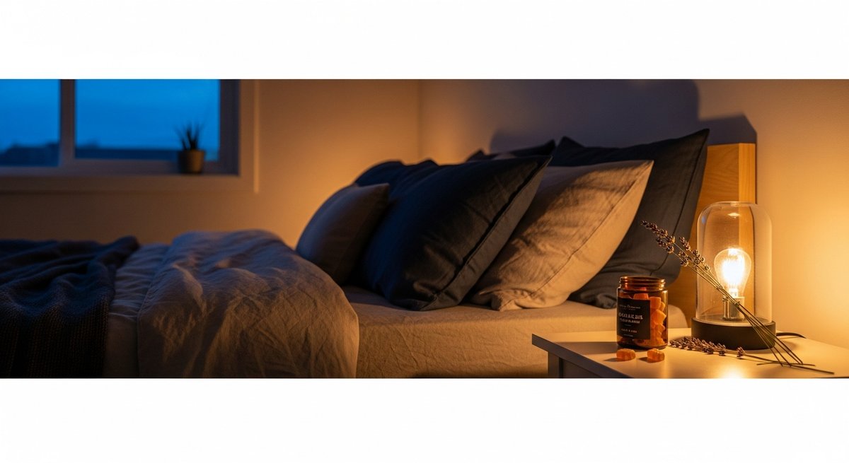 Edibles strain vs Smoking strain — Which Is Right for You? 4 Cozy nighttime bedroom with a small jar of cannabis gummies on a bedside table beside a glowing lamp and lavender sprig