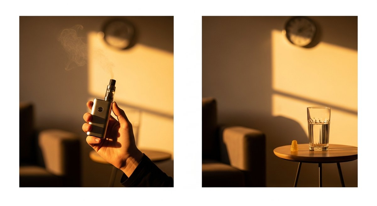 Edibles strain vs Smoking strain — Which Is Right for You? 3 Side-by-side lifestyle scene contrasting quick-onset vaporizer use with slower edible onset on a cozy living room couch