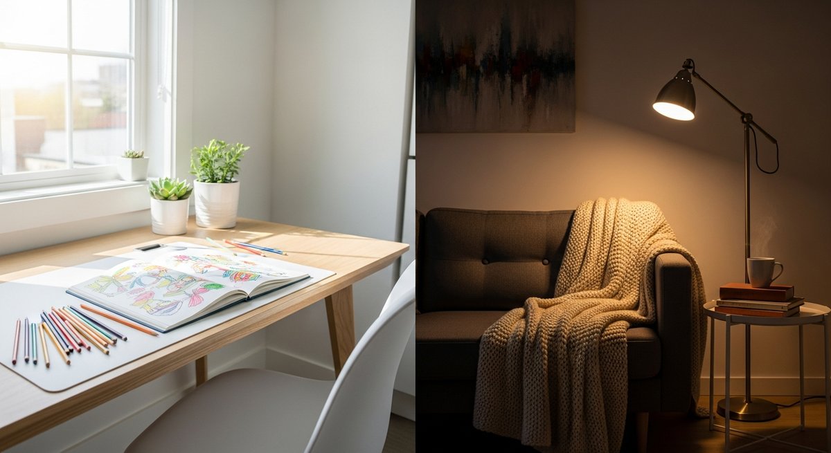 Blue Dream vs OG Kush — Which Is Right for You? 6 Split scene showing a bright creative workspace and a cozy relaxed living room, contrasting Blue Dream and OG Kush effects