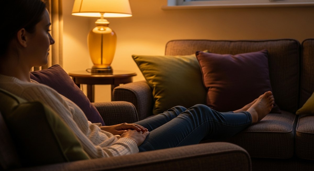 Purple Punch strain vs Forbidden Fruit strain — Which Is Right for You? 6 Person relaxing at ease in a warmly lit armchair during evening, conveying calm sedative comfort
