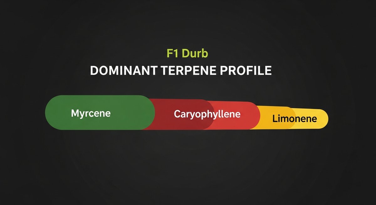 F1 Durb Strain 2 F1 Durb terpene profile showing Myrcene in green, Caryophyllene in red, and Limonene in yellow