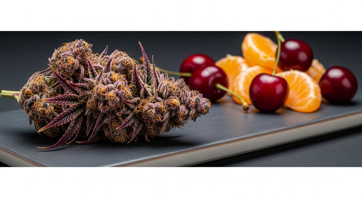 Purple Punch strain vs Forbidden Fruit strain — Which Is Right for You? 5 Forbidden Fruit cannabis bud beside mandarin slices and cherries on dark ceramic, showing magenta and green hues