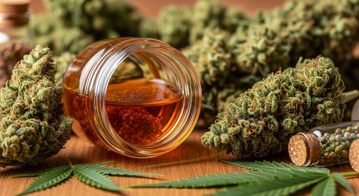 Full Spectrum strain vs Broad Spectrum strain — Which Is Right for You? 4 Amber full-spectrum cannabis extract in a glass jar surrounded by trichome-rich buds and leaves on warm wood surface