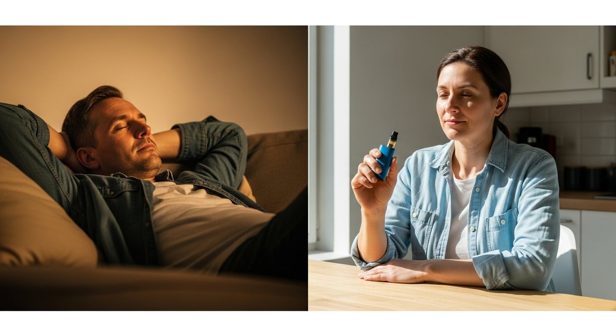 Full Spectrum strain vs Broad Spectrum strain — Which Is Right for You? 5 Split scene showing relaxed full-spectrum effect on left versus calm broad-spectrum daytime use on right