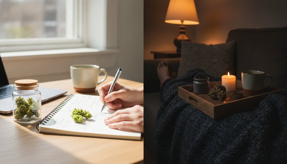 Gary Payton vs Kobe OG — Which Is Right for You? 6 Split-scene showing daytime focus setting with green cannabis flower and evening relaxation setting with dark bud