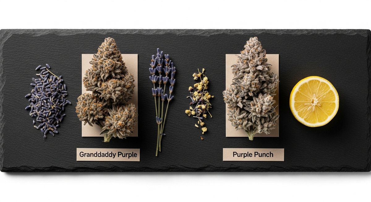 Granddaddy Purple vs Purple Punch — Which Is Right for You? 5 Overhead flat-lay of Granddaddy Purple and Purple Punch buds side by side with botanical accents on dark stone