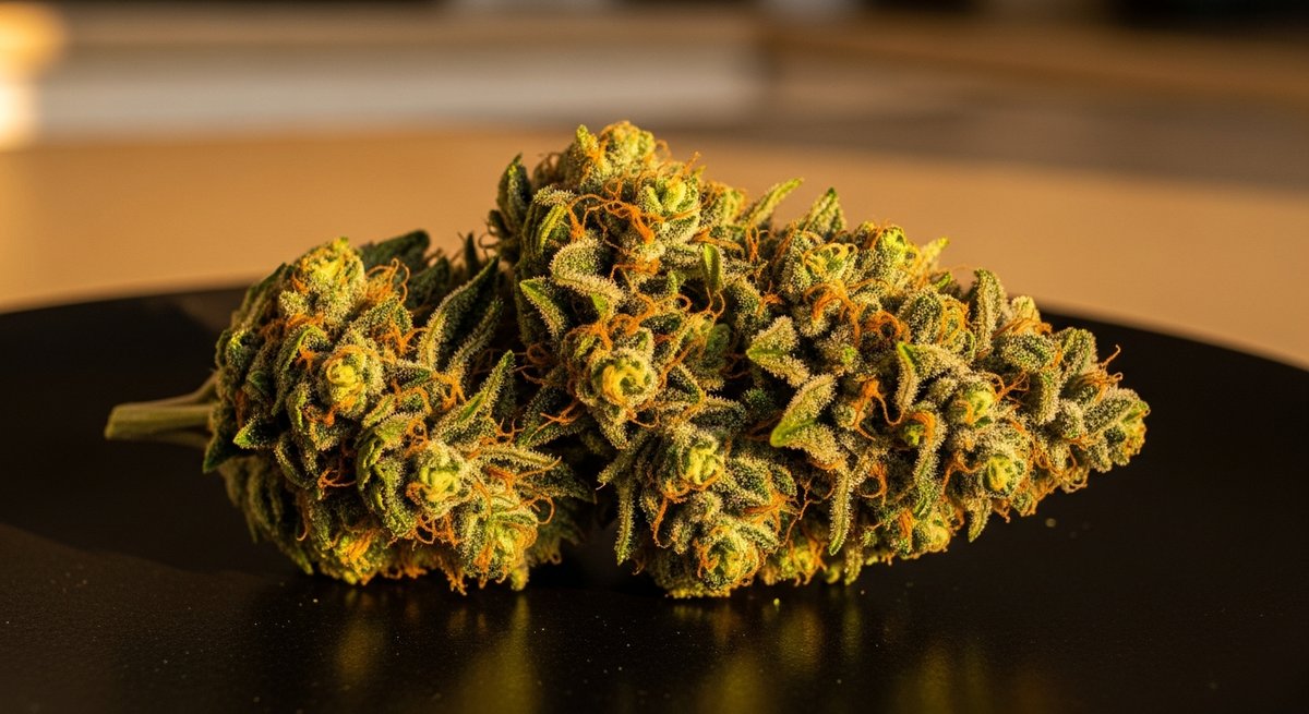 Gelato 41 vs Gelato 33 — Which Is Right for You? 4 Close-up of a dense, trichome-coated Gelato 41 cannabis bud with vivid orange pistils under warm side lighting
