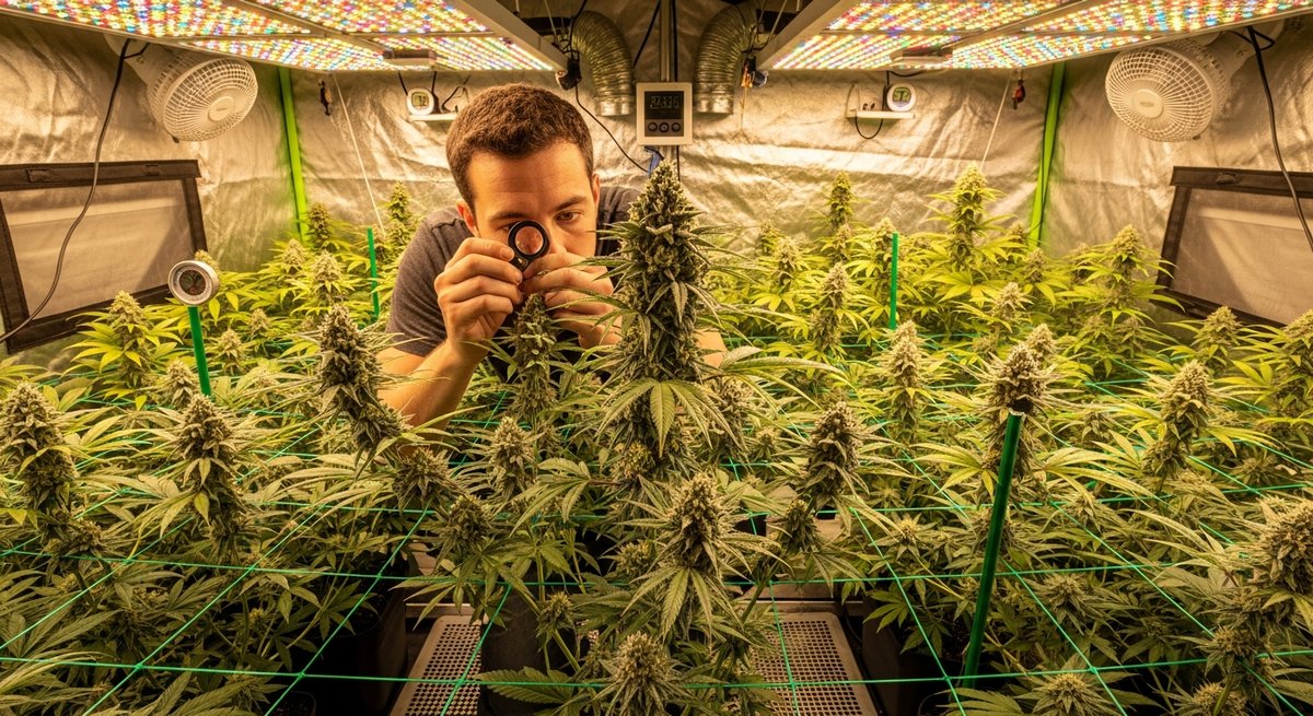 Gelato 41 vs Gelato 33 — Which Is Right for You? 6 Home grower inspecting flowering Gelato cannabis plants inside an indoor grow tent with LED lighting and humidity controls
