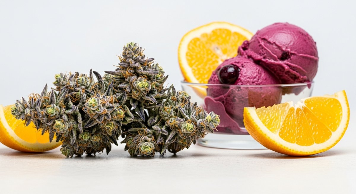 Wedding Cake strain vs Gelato strain — Which Is Right for You? 5 Gelato cannabis bud alongside citrus slices and berry gelato on a pale stone surface, highlighting its sweet flavor.