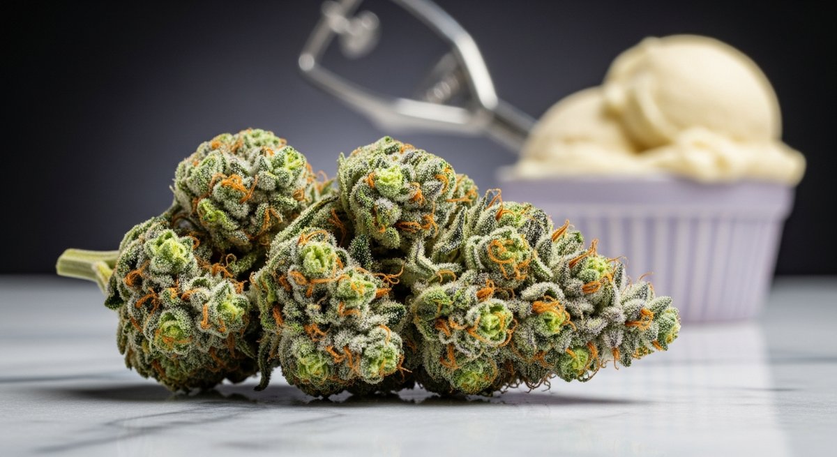 Biscotti vs Gelato — Which Is Right for You? 5 Vibrant Gelato cannabis bud with lime-green and lavender tones on marble surface beside a small artisan gelato scoop